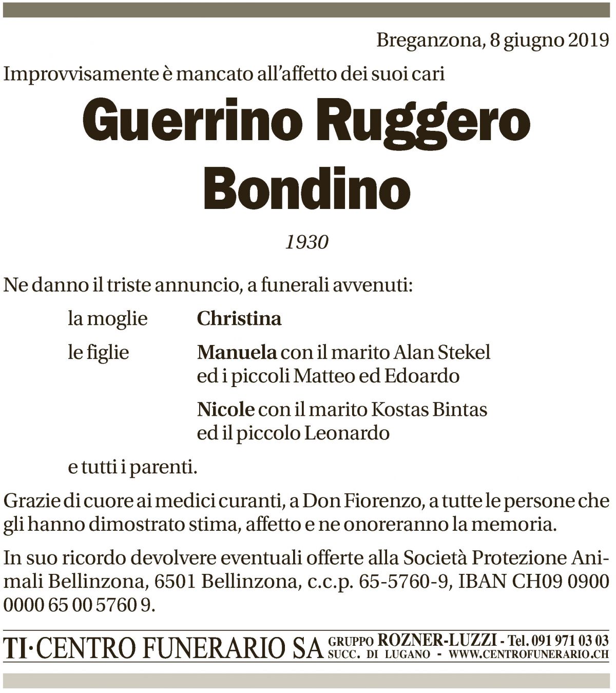Annuncio funebre Guerrino Ruggero Bondino