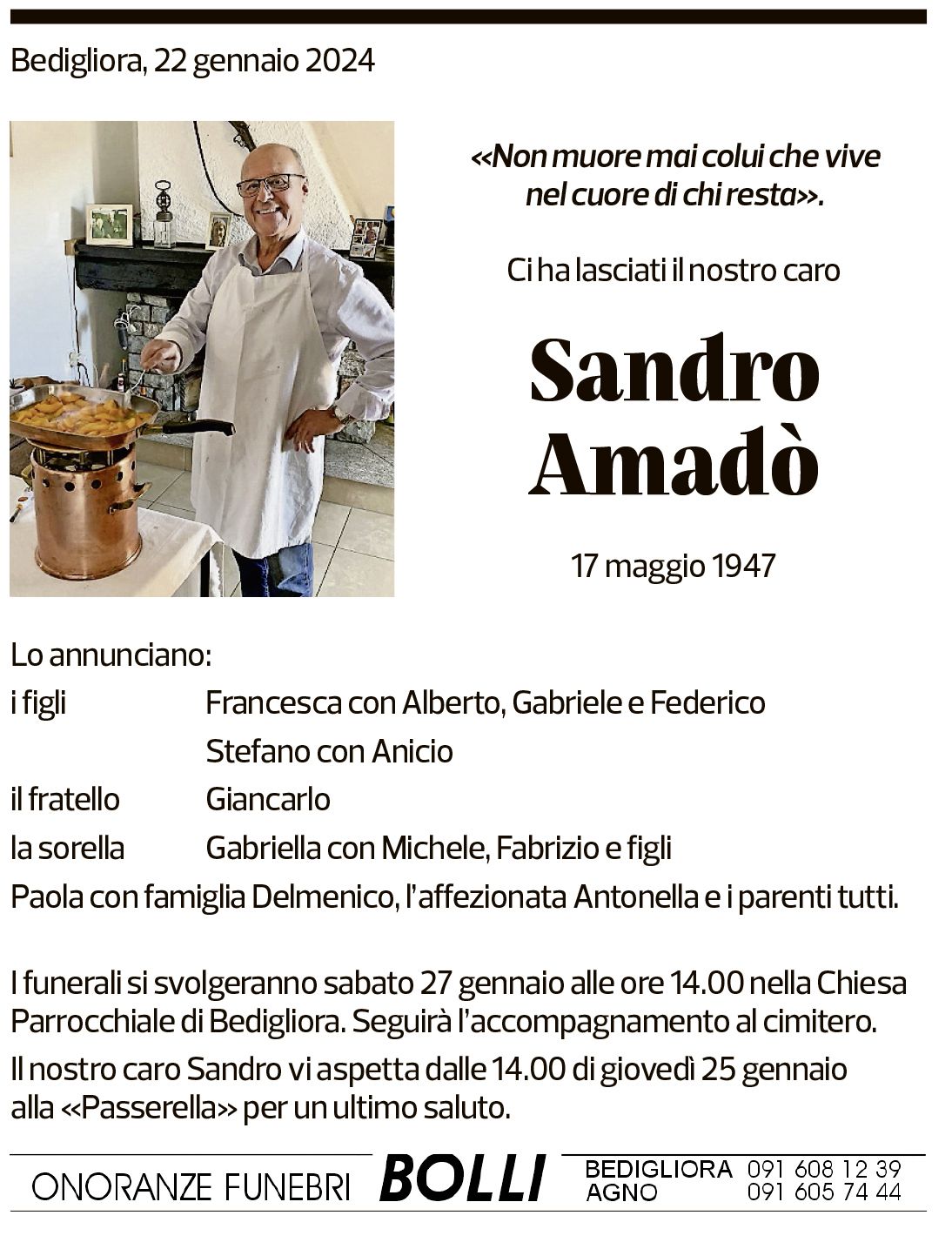 Annuncio funebre Sandro Amadò