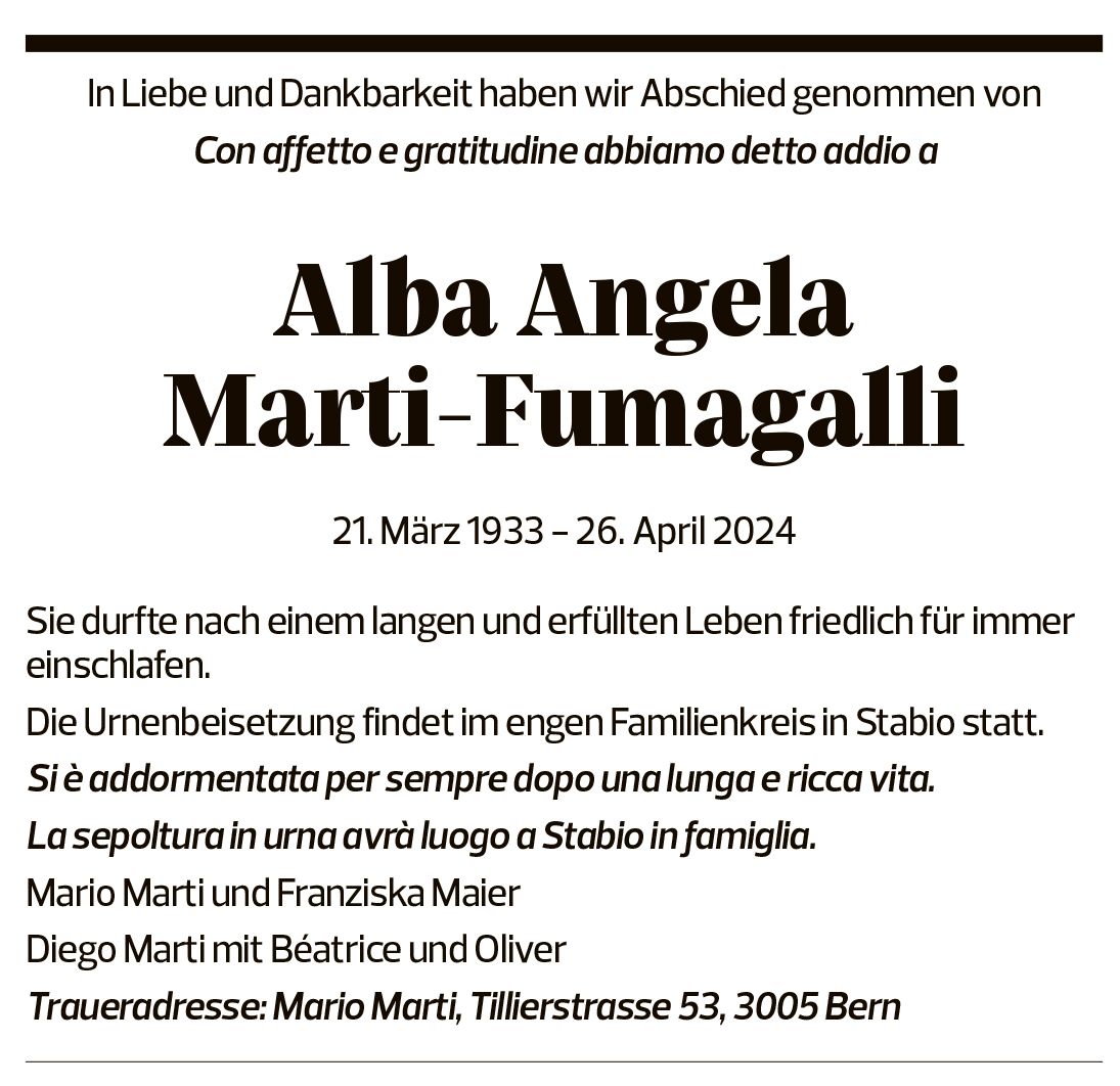 Annuncio funebre Alba Angela Marti-fumagalli