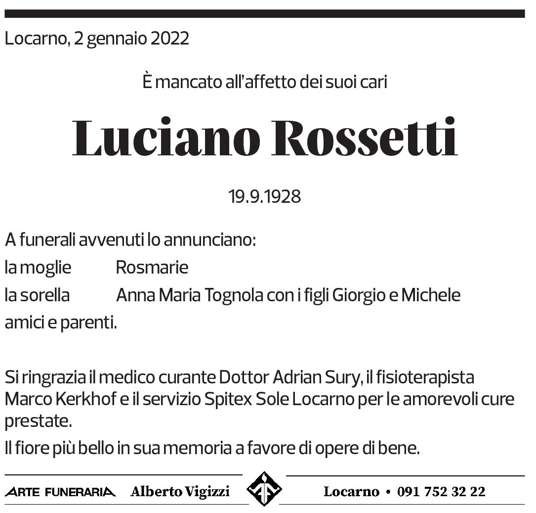 Annuncio funebre Luciano Rossetti