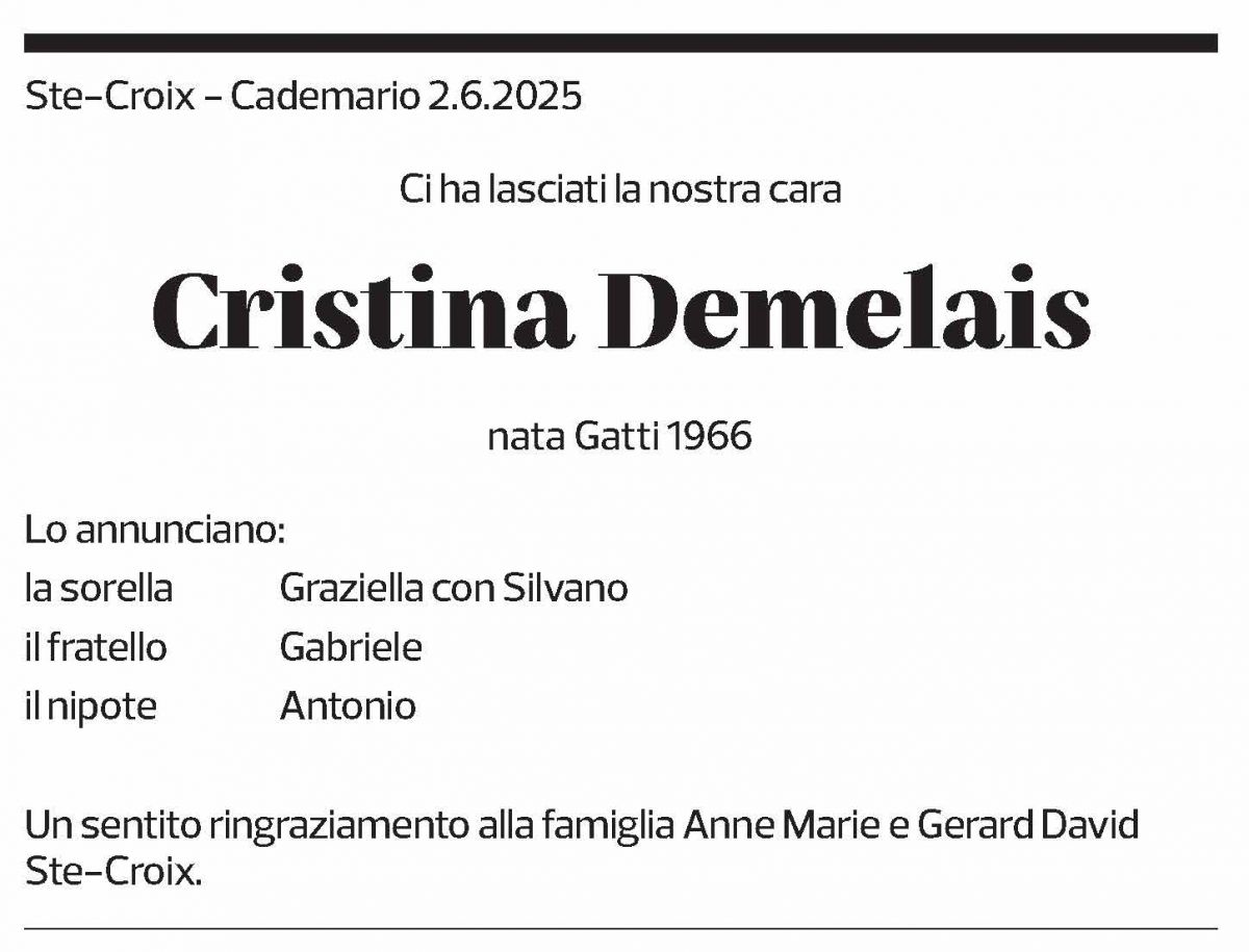 Annuncio funebre Cristina Demelais