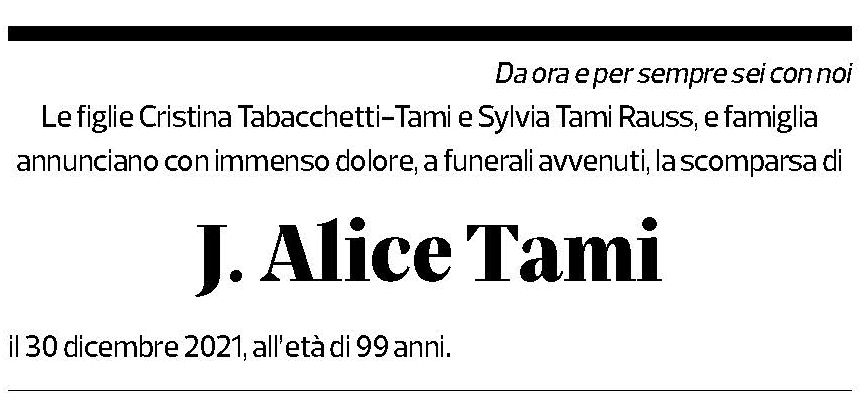 Annuncio funebre J. Alice Tami