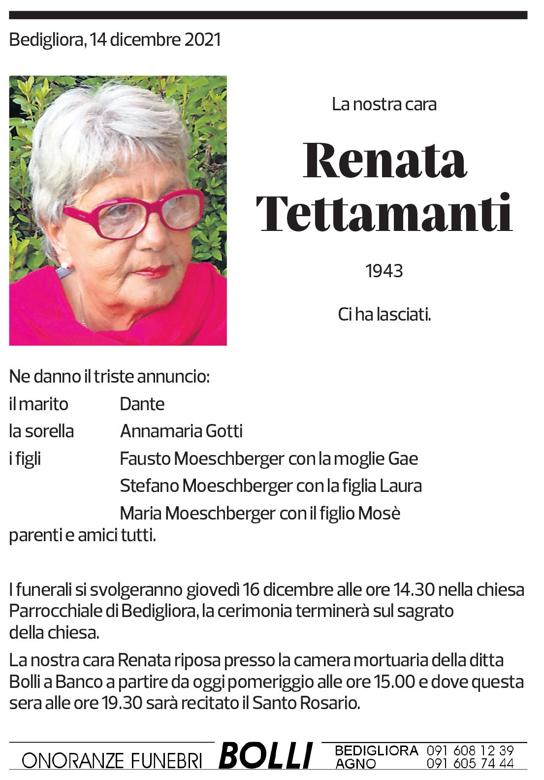 Annuncio funebre Renata Tettamanti