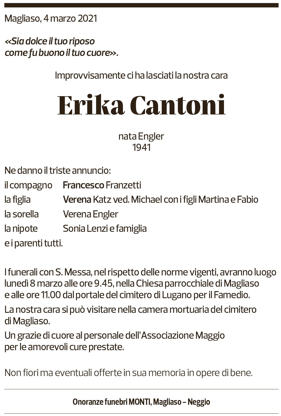 Annuncio funebre Erika Cantoni