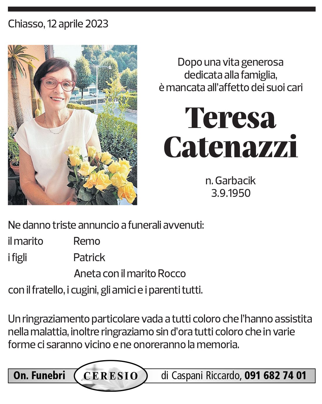 Annuncio funebre Teresa Catenazzi