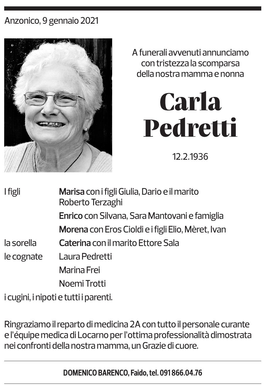 Annuncio funebre Carla Pedretti