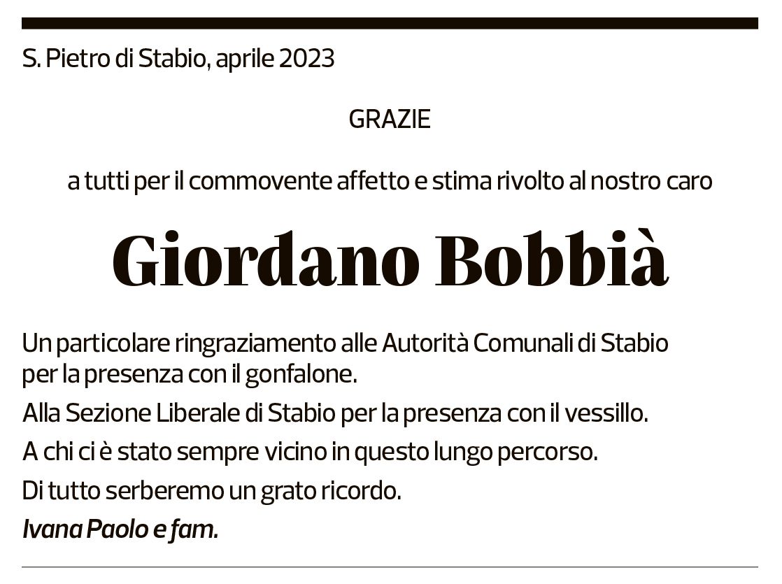 Annuncio funebre Giordano Bobbià