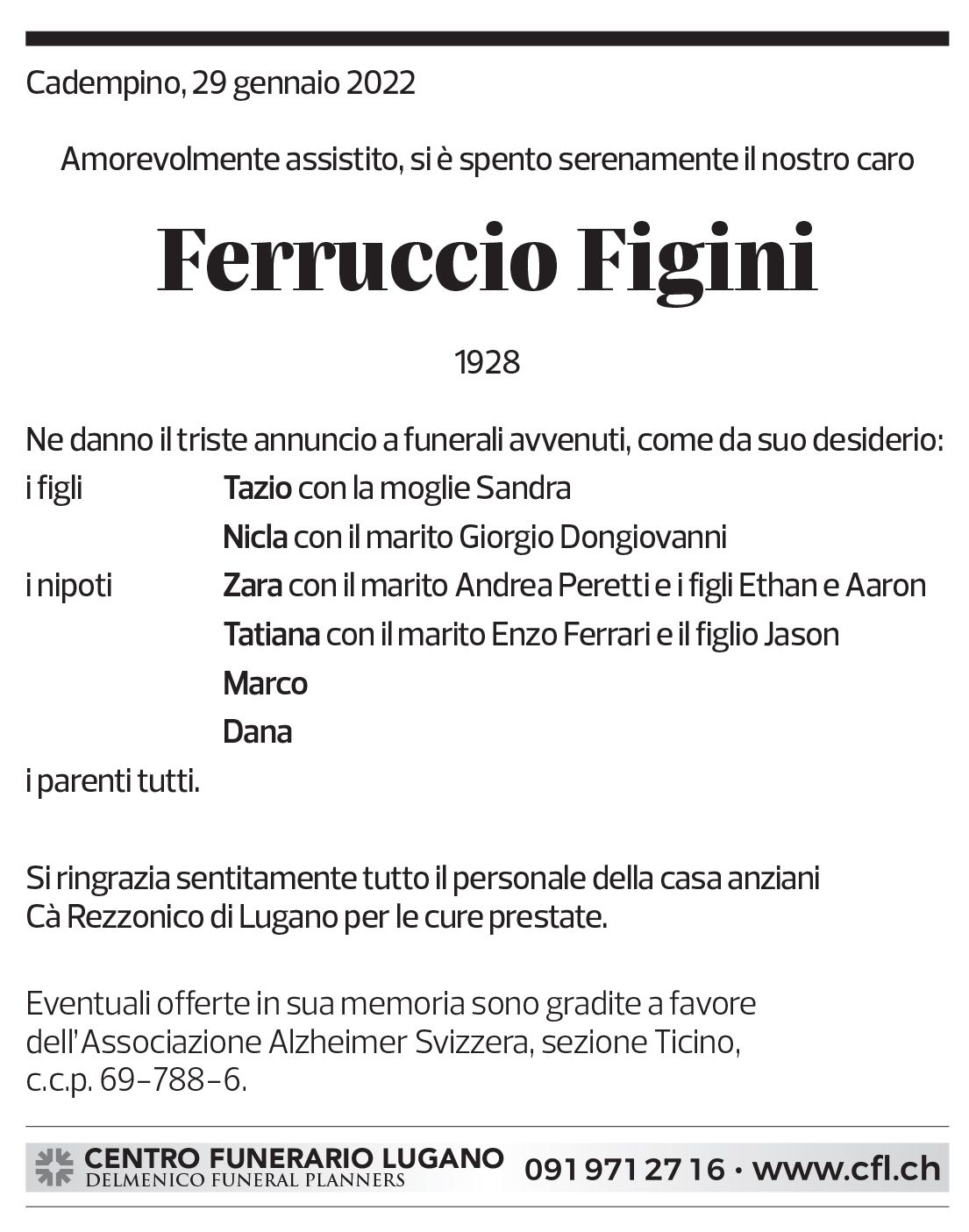 Annuncio funebre Ferruccio Figini