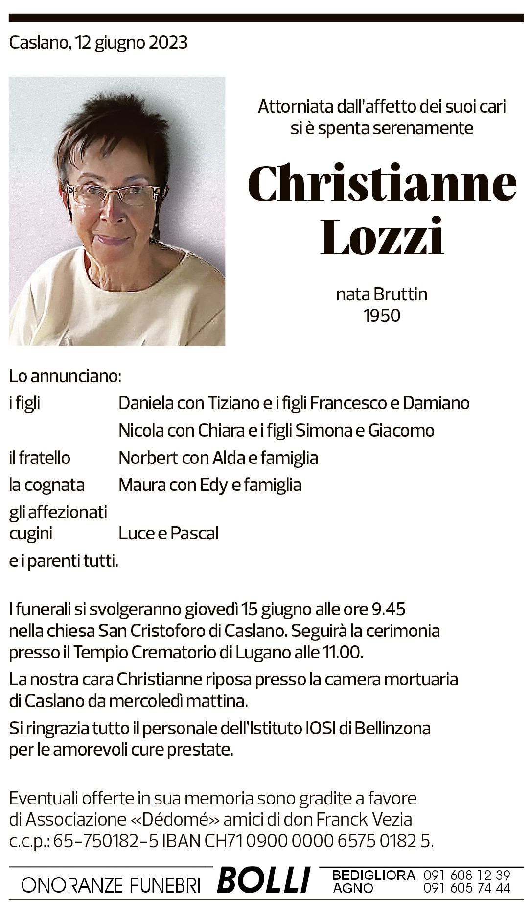 Annuncio funebre Christianne Lozzi