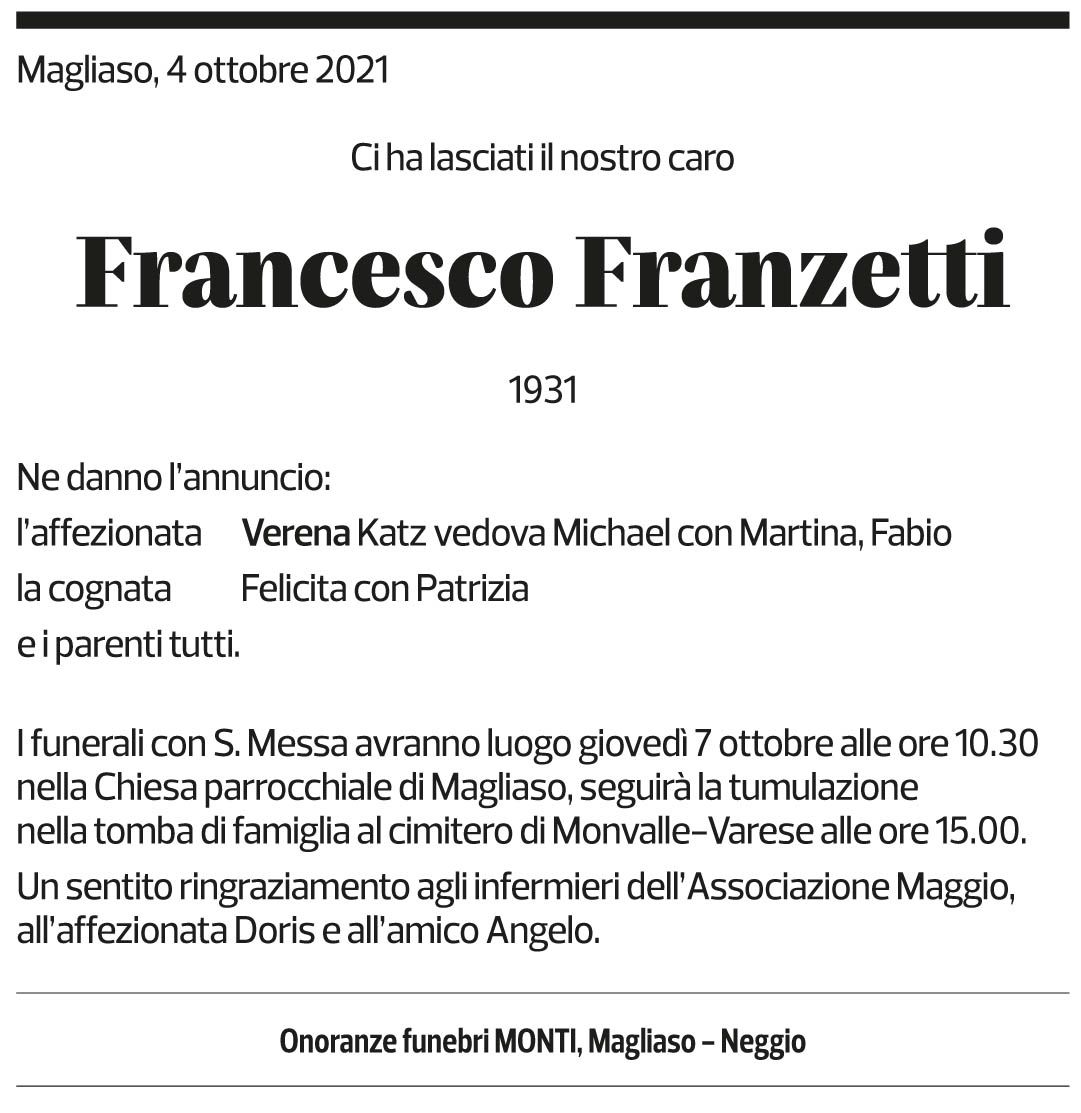 Annuncio funebre Francesco Franzetti