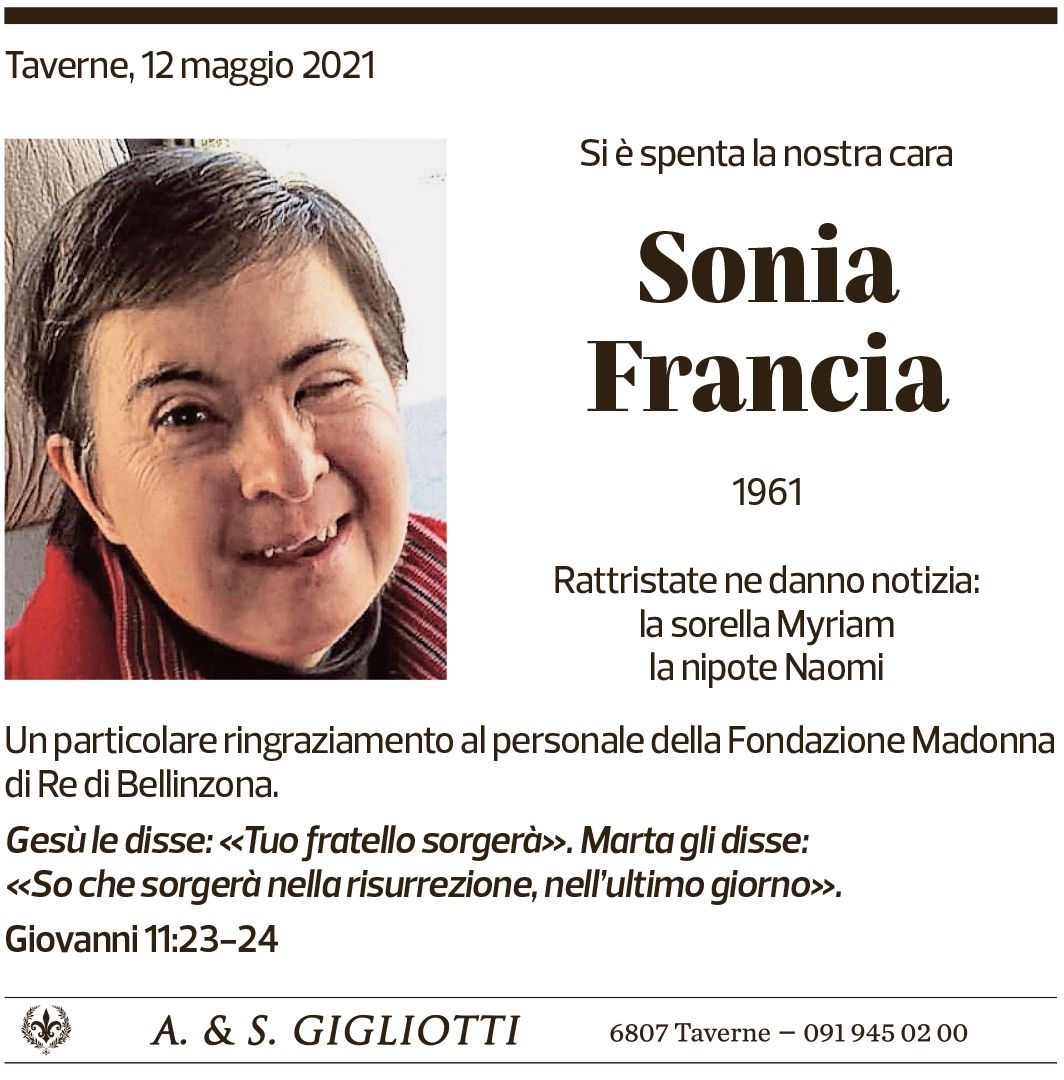 Annuncio funebre Sonia Francia