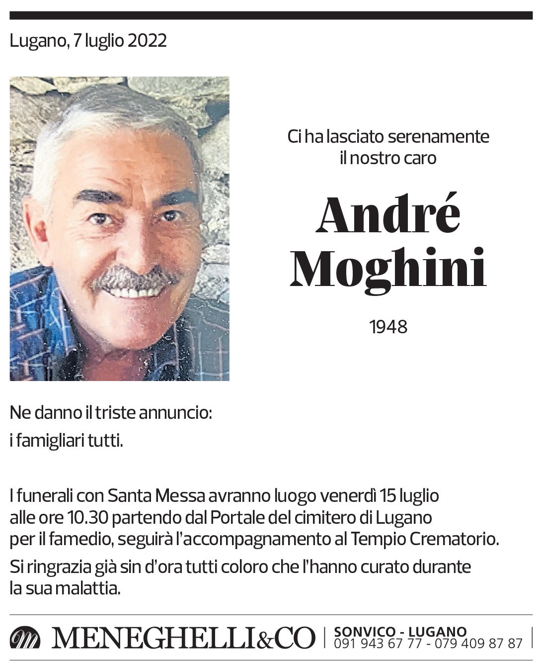 Annuncio funebre André Moghini