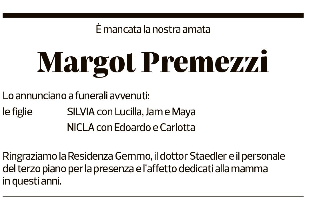 Annuncio funebre Margot Premezzi