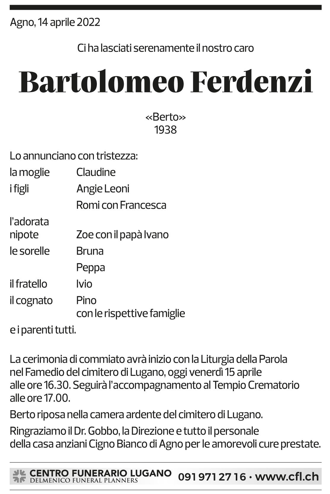 Annuncio funebre Bartolomeo Ferdenzi