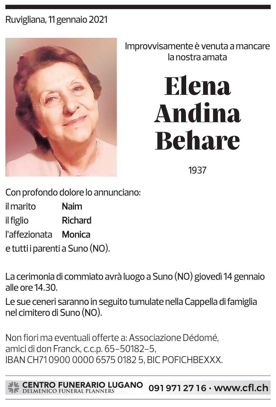 Annuncio funebre Elena Andina Behare