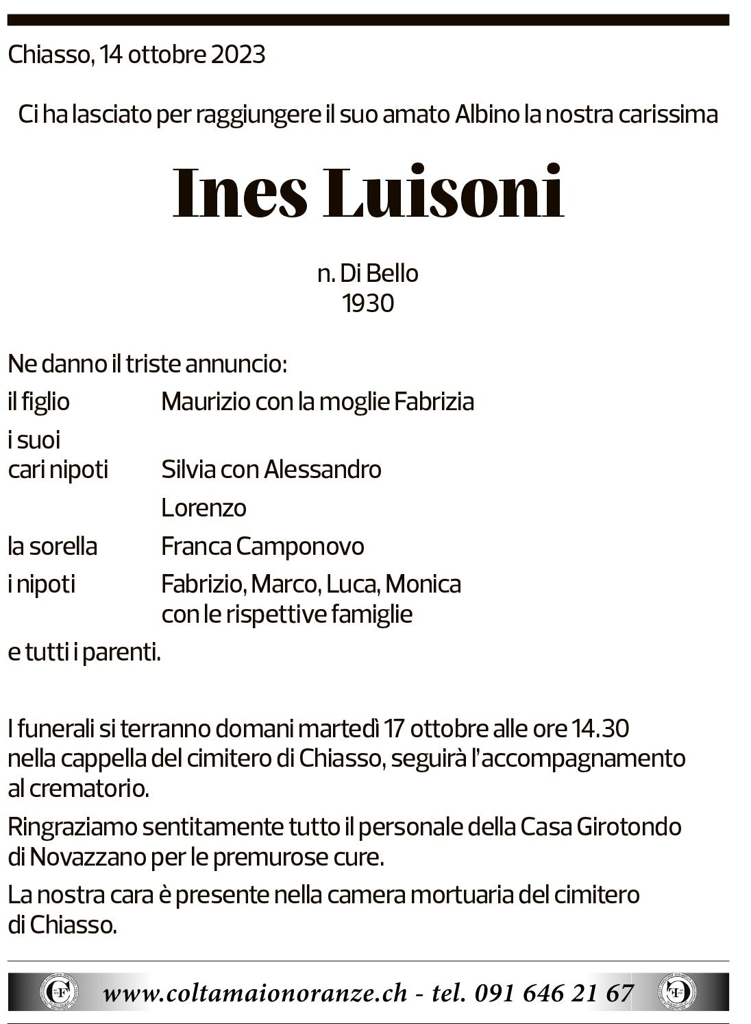 Annuncio funebre Ines Luisoni