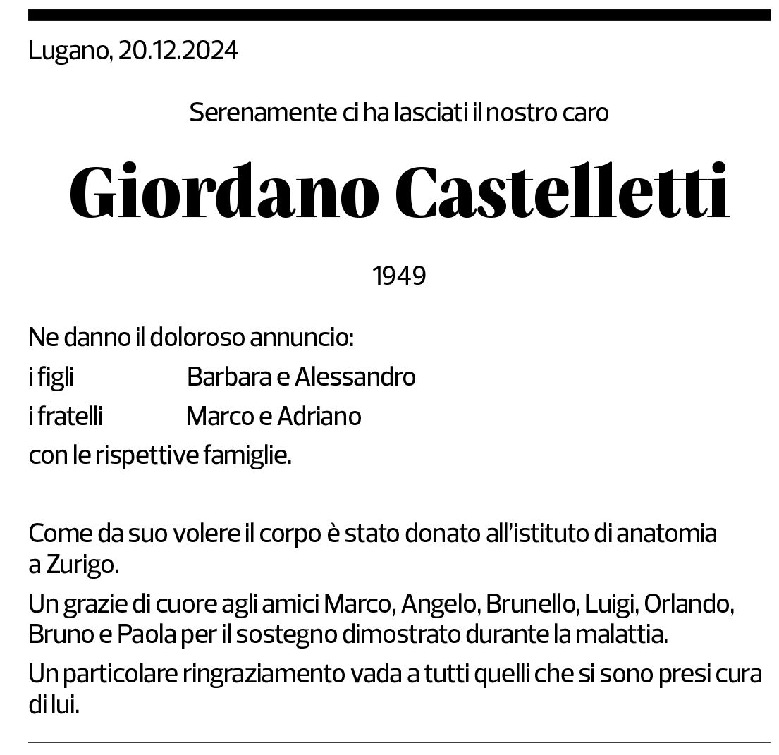 Annuncio funebre Giordano Castelletti