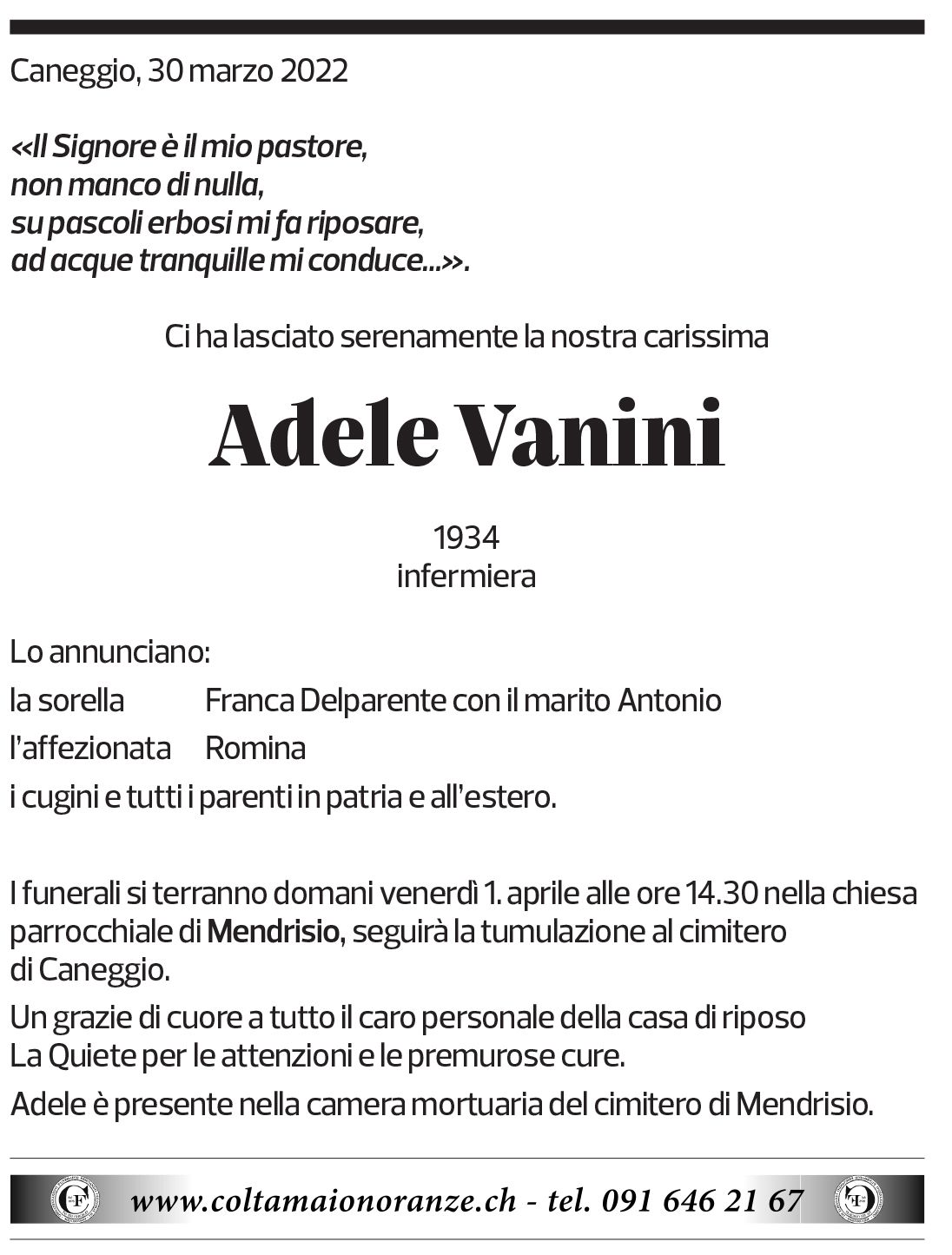 Annuncio funebre Adele Vanini