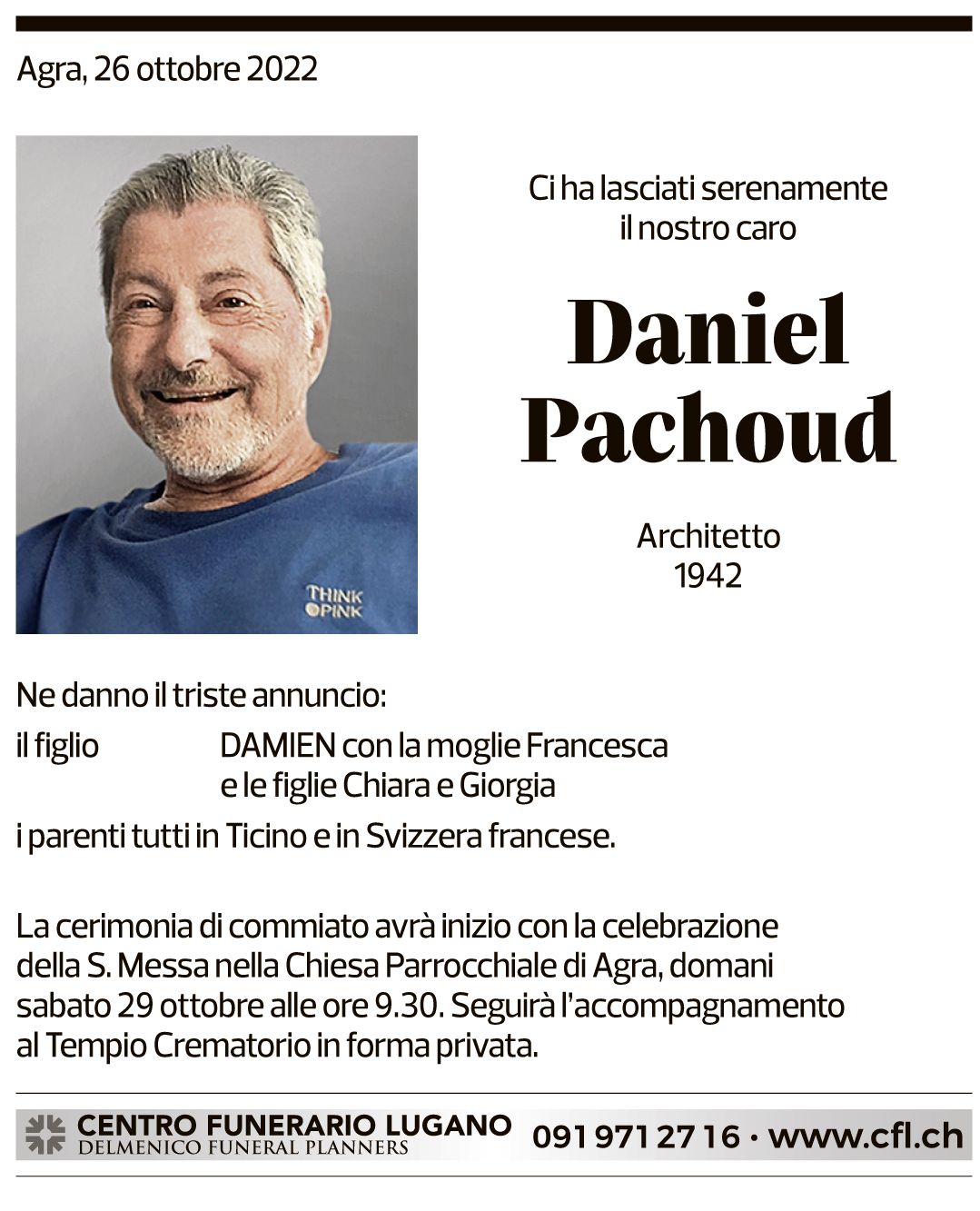 Annuncio funebre Daniel Pachoud