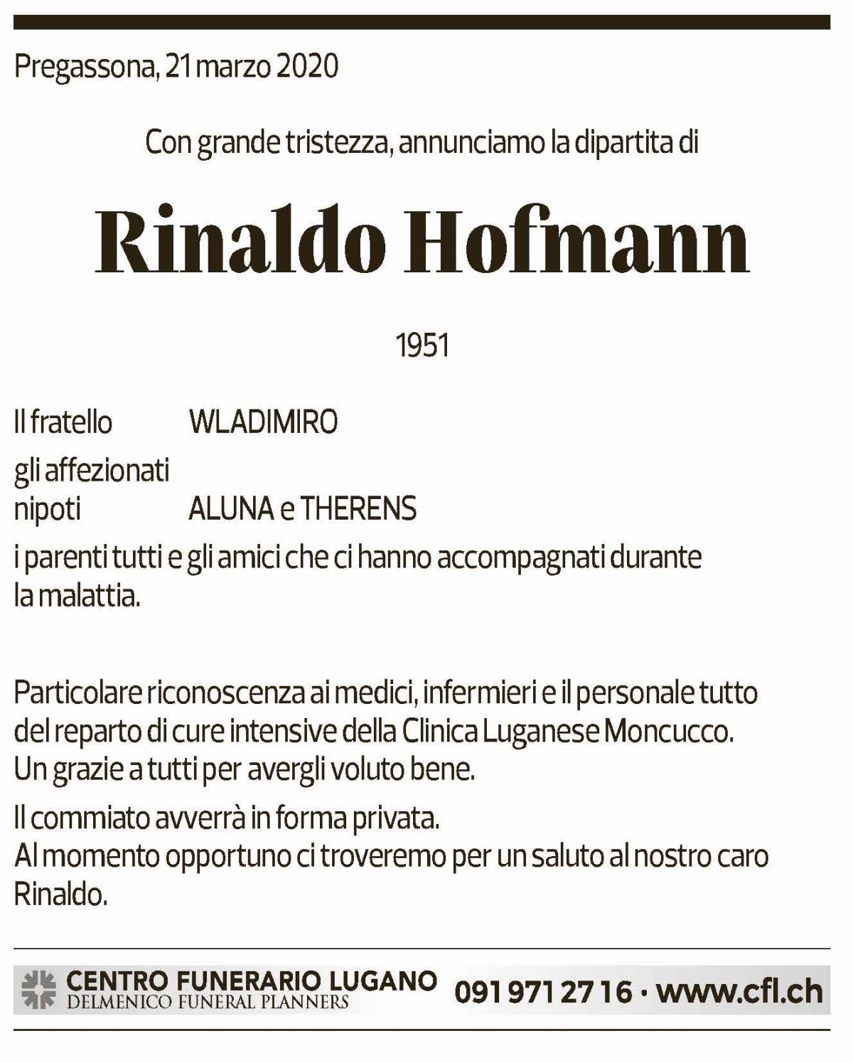 Annuncio funebre Rinaldo Hoffmann