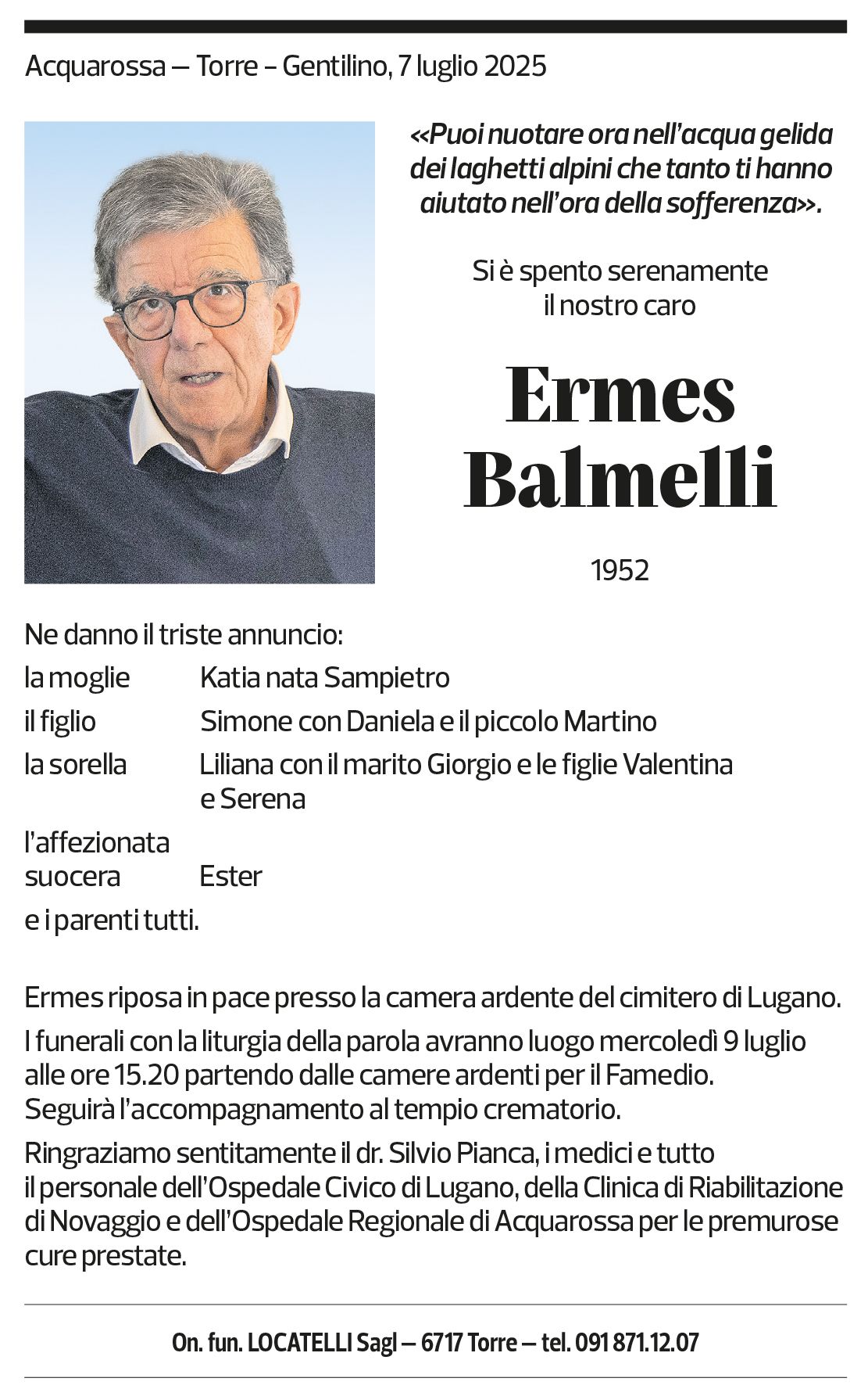 Annuncio funebre Ermes Balmelli
