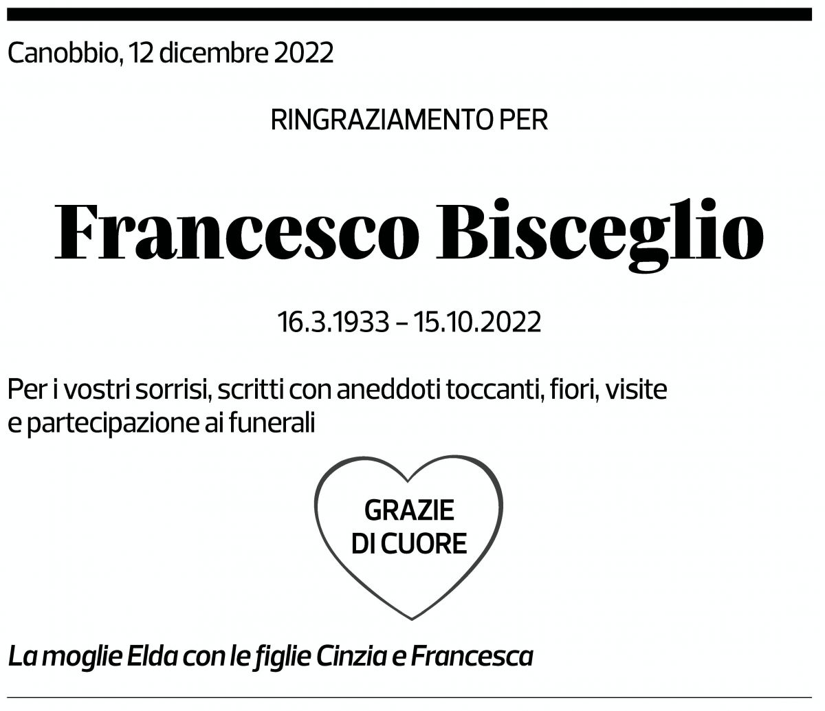 Annuncio funebre Francesco Biscieglio