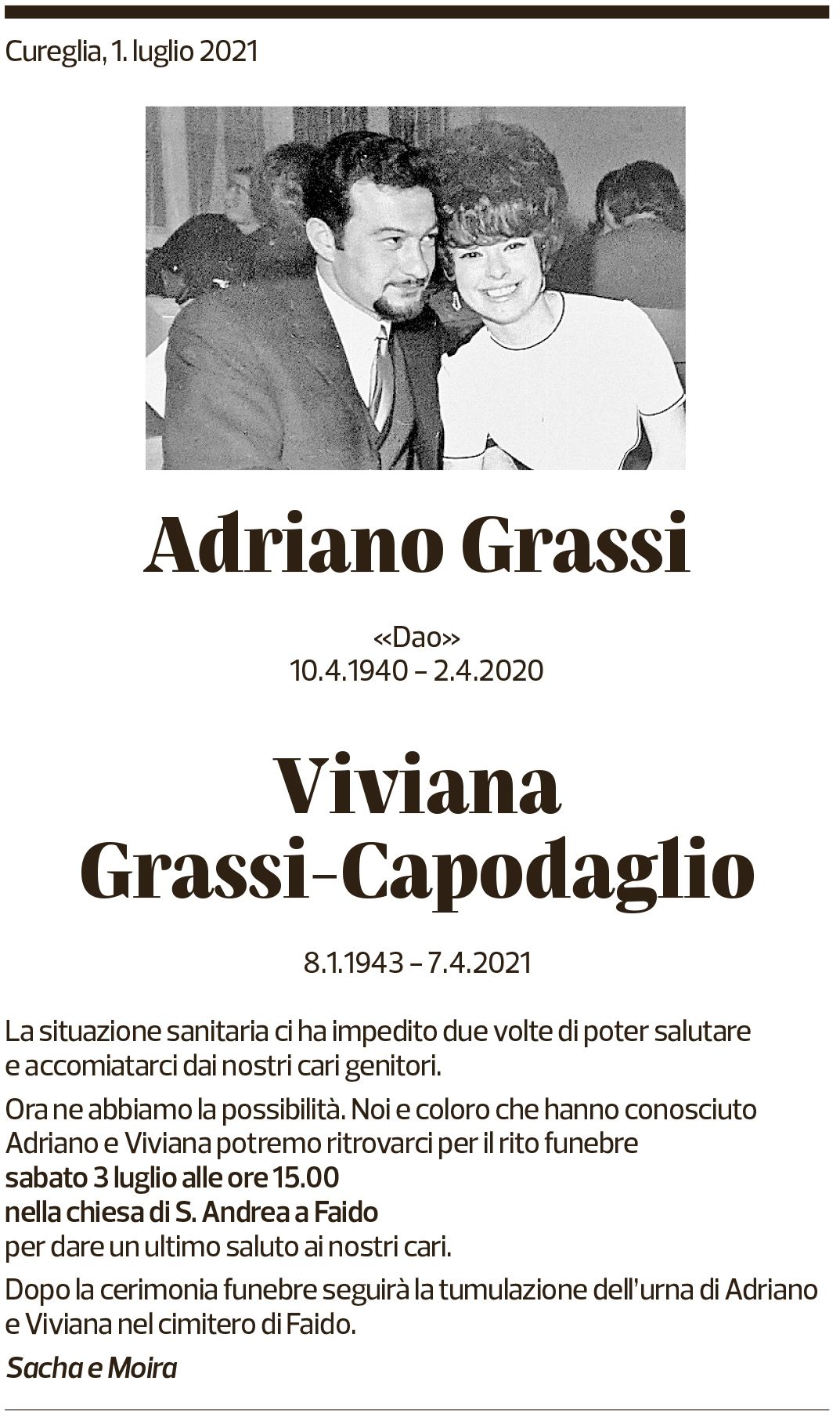 Annuncio funebre Adriano Grassi Viviana Grassi-capodaglio