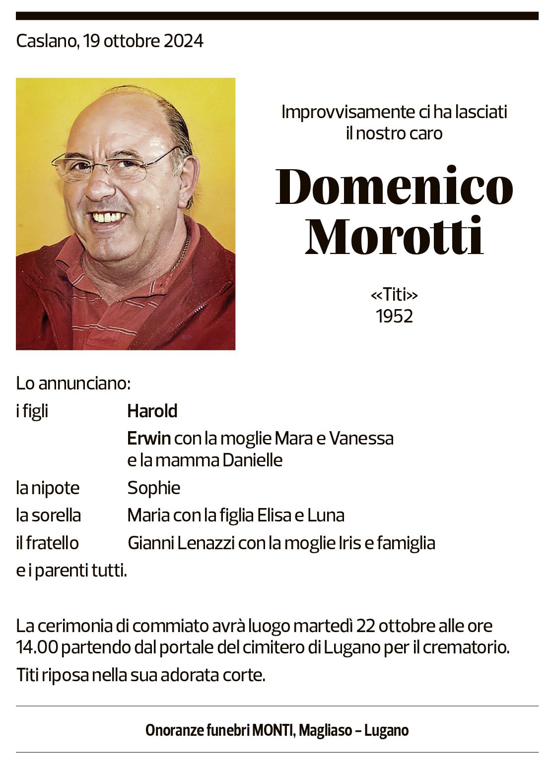 Annuncio funebre Domenico Morotti