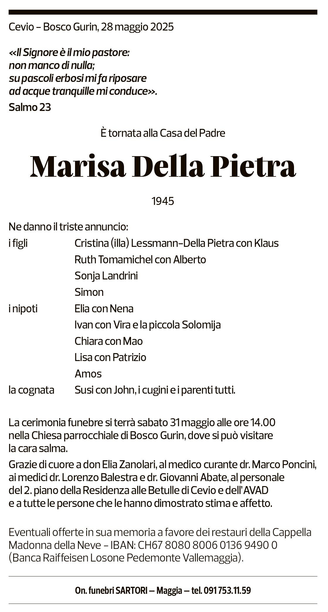 Annuncio funebre Marisa Della Pietra