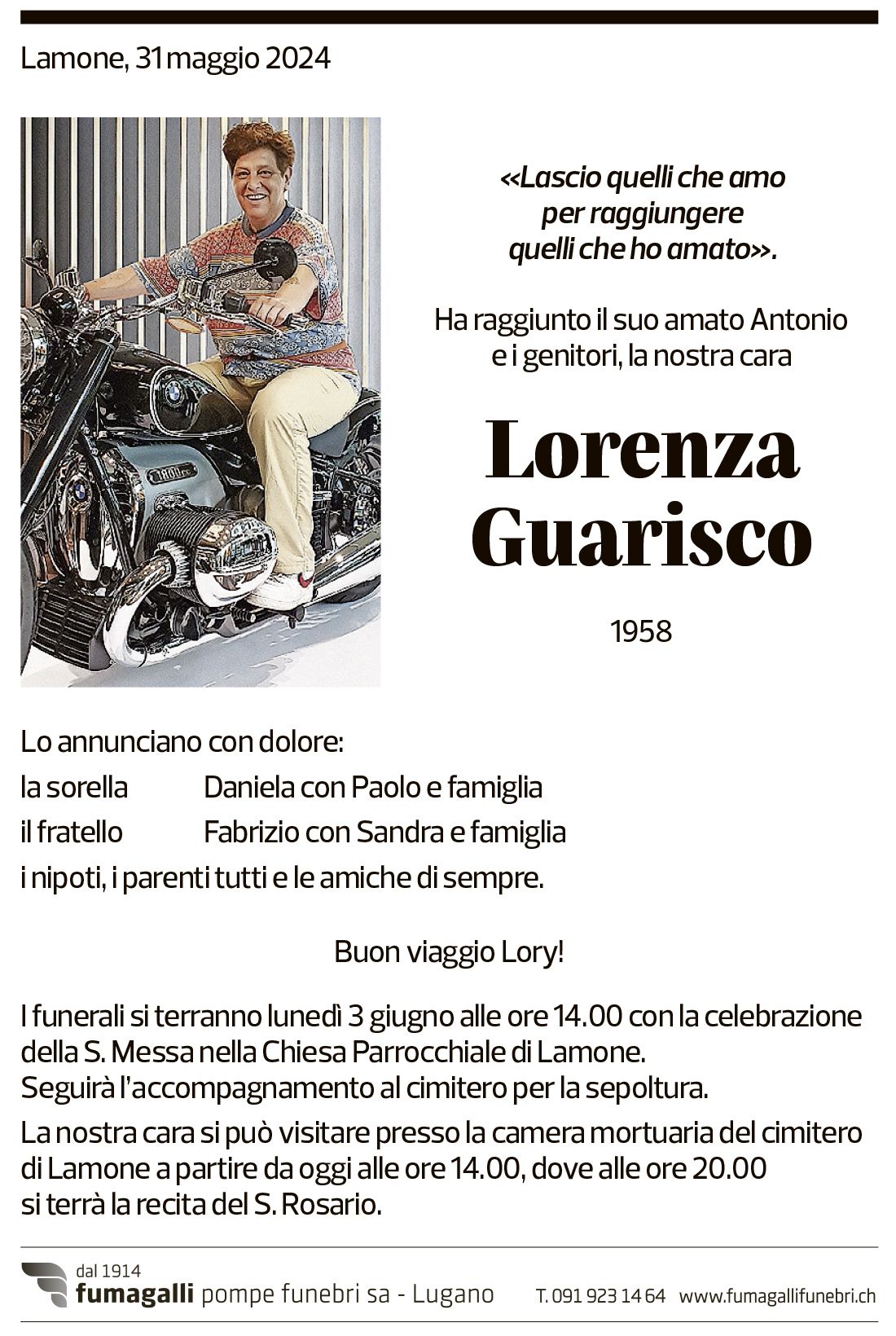 Annuncio funebre Lorenzo Guarisco