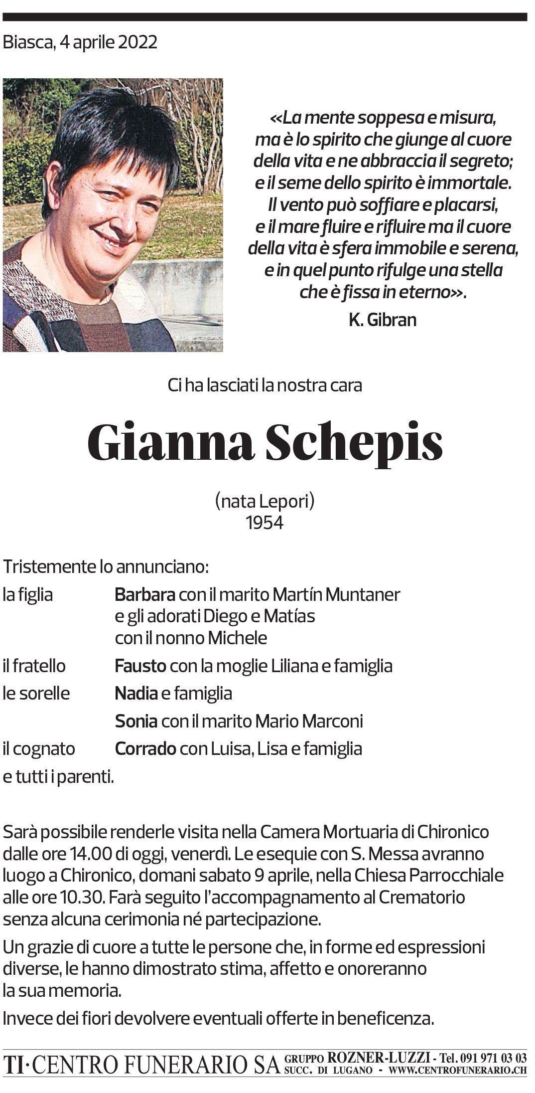 Annuncio funebre Gianna Schepis