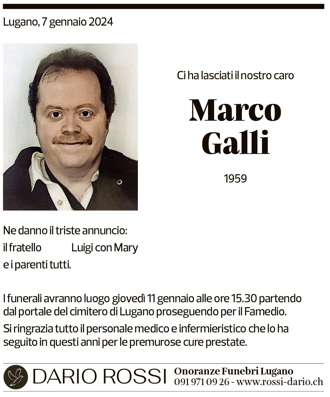 Annuncio funebre Marco Galli