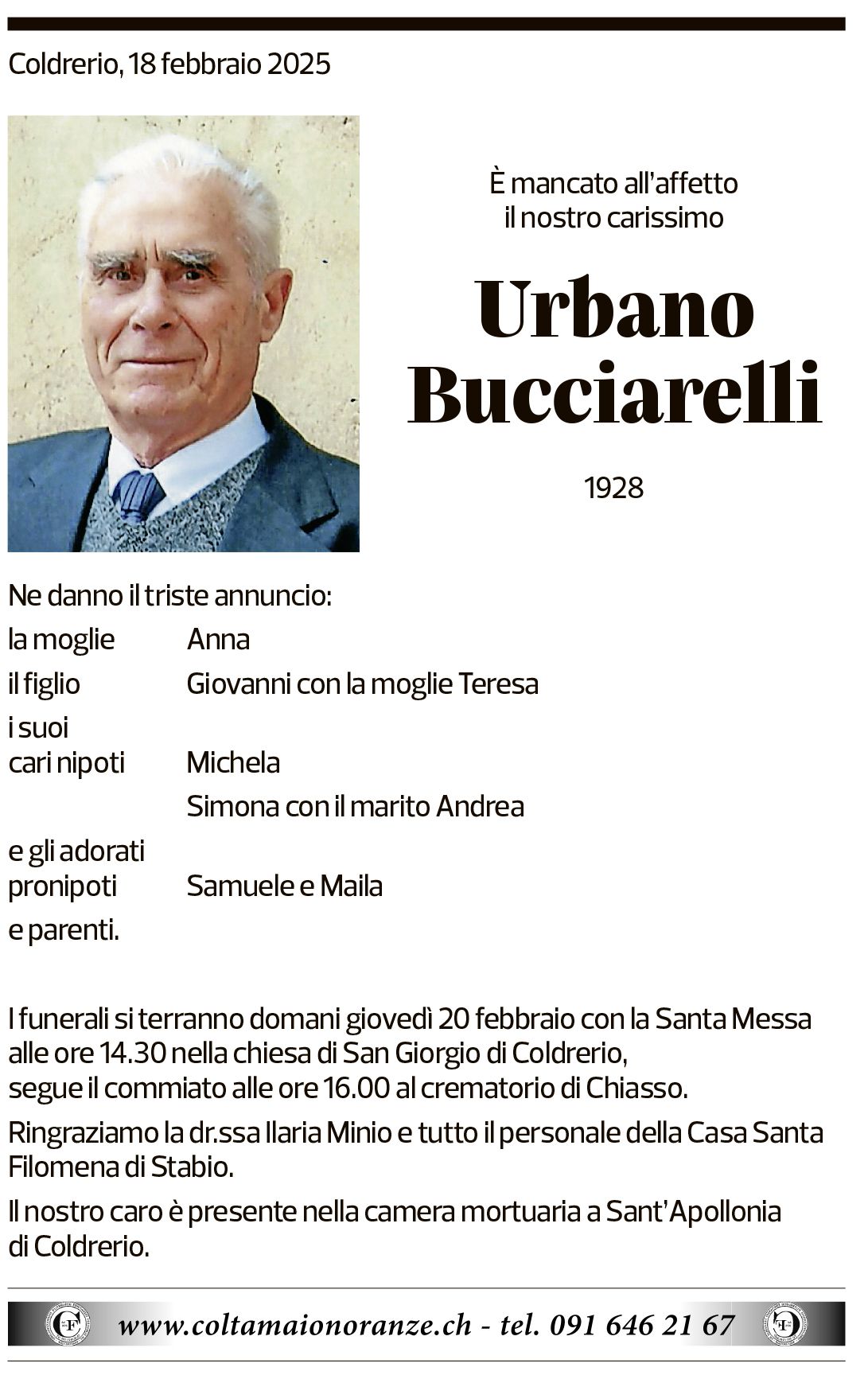 Annuncio funebre Urbano Bucciarelli