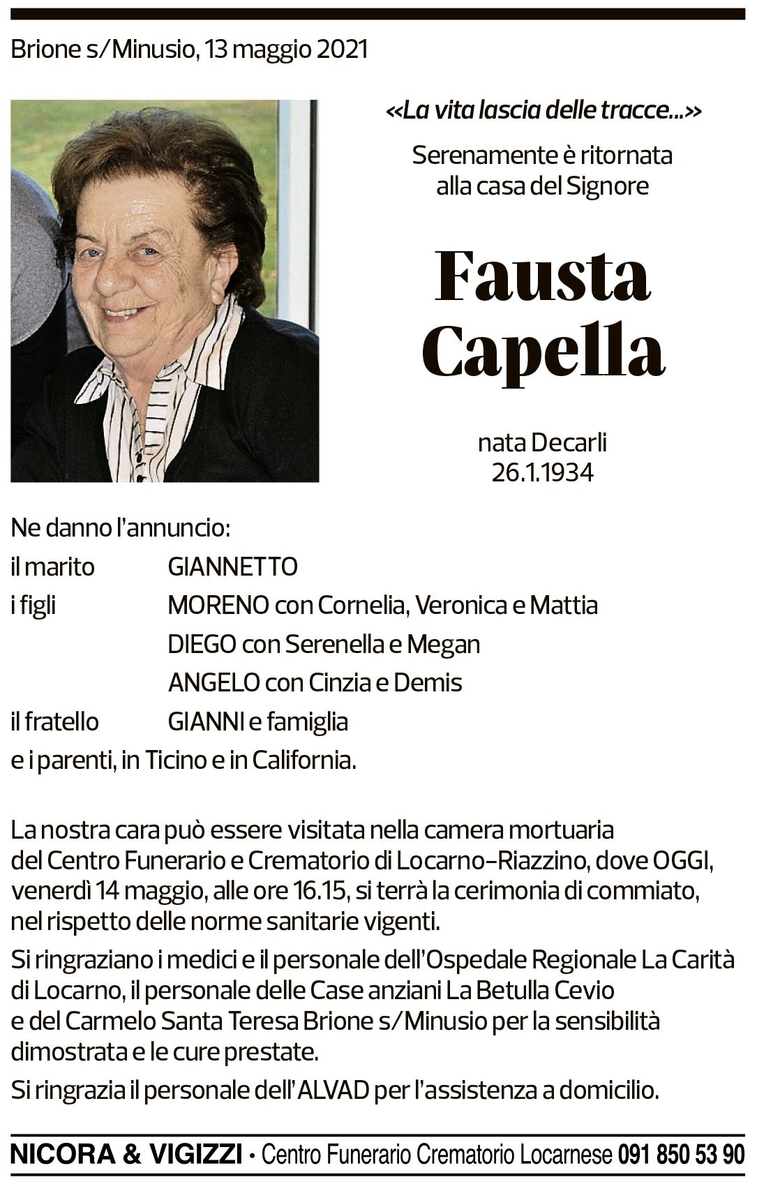 Annuncio funebre Fausta Capella