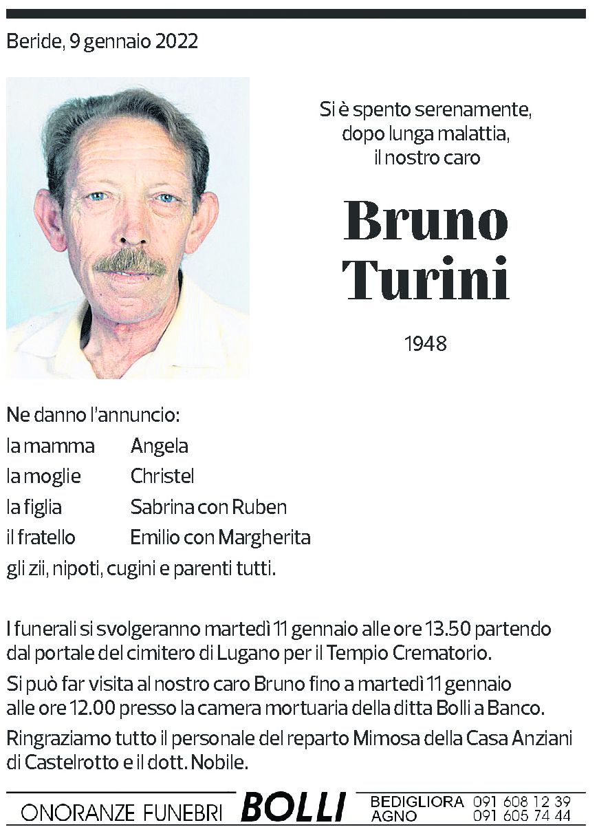 Annuncio funebre Bruno Turini