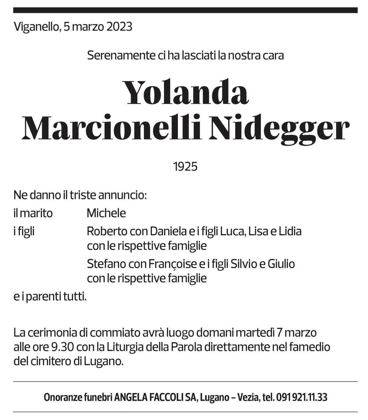 Annuncio funebre Yolanda Marcionelli Nidegger