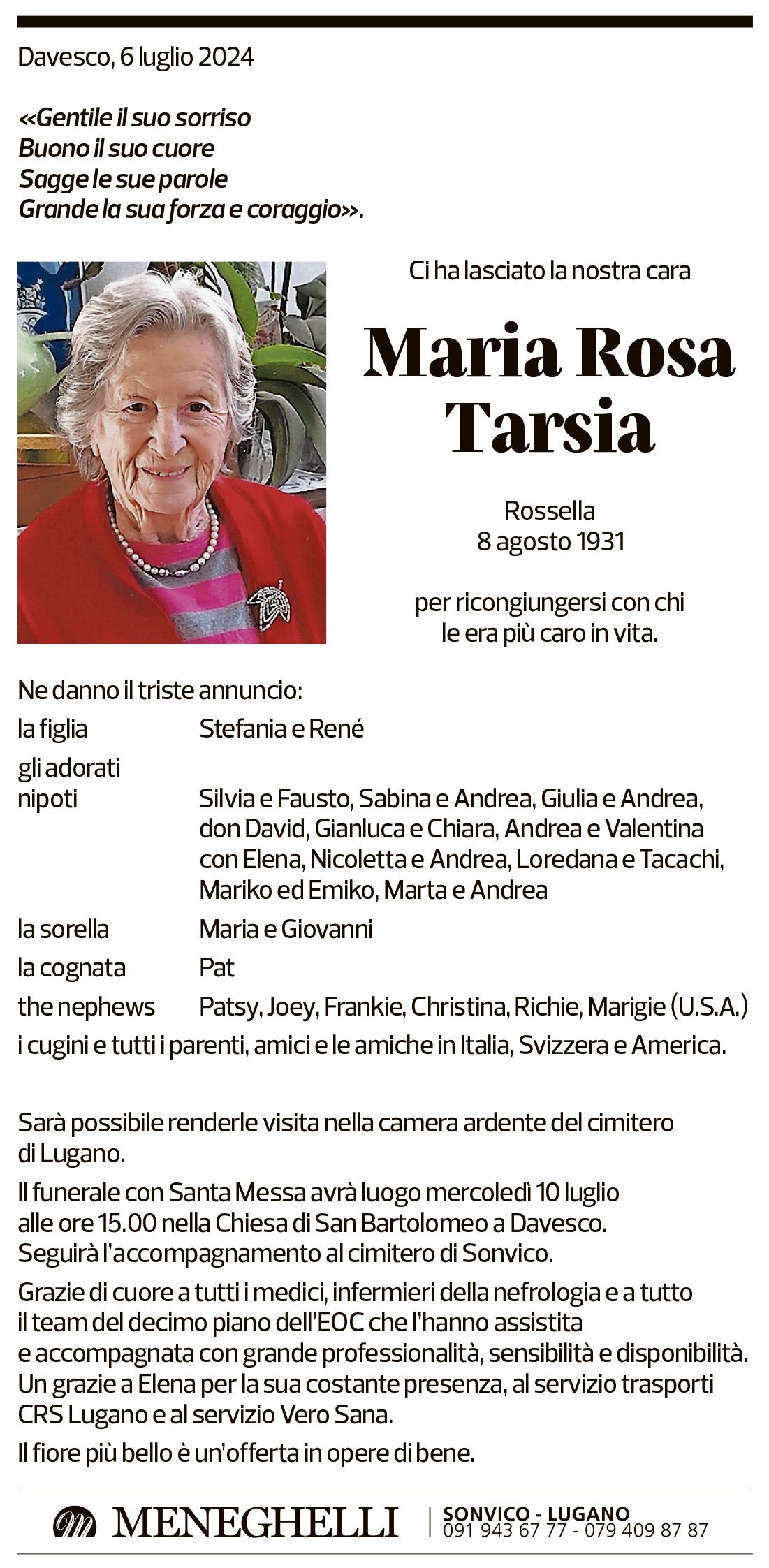 Annuncio funebre Maria Rosa Tarsia