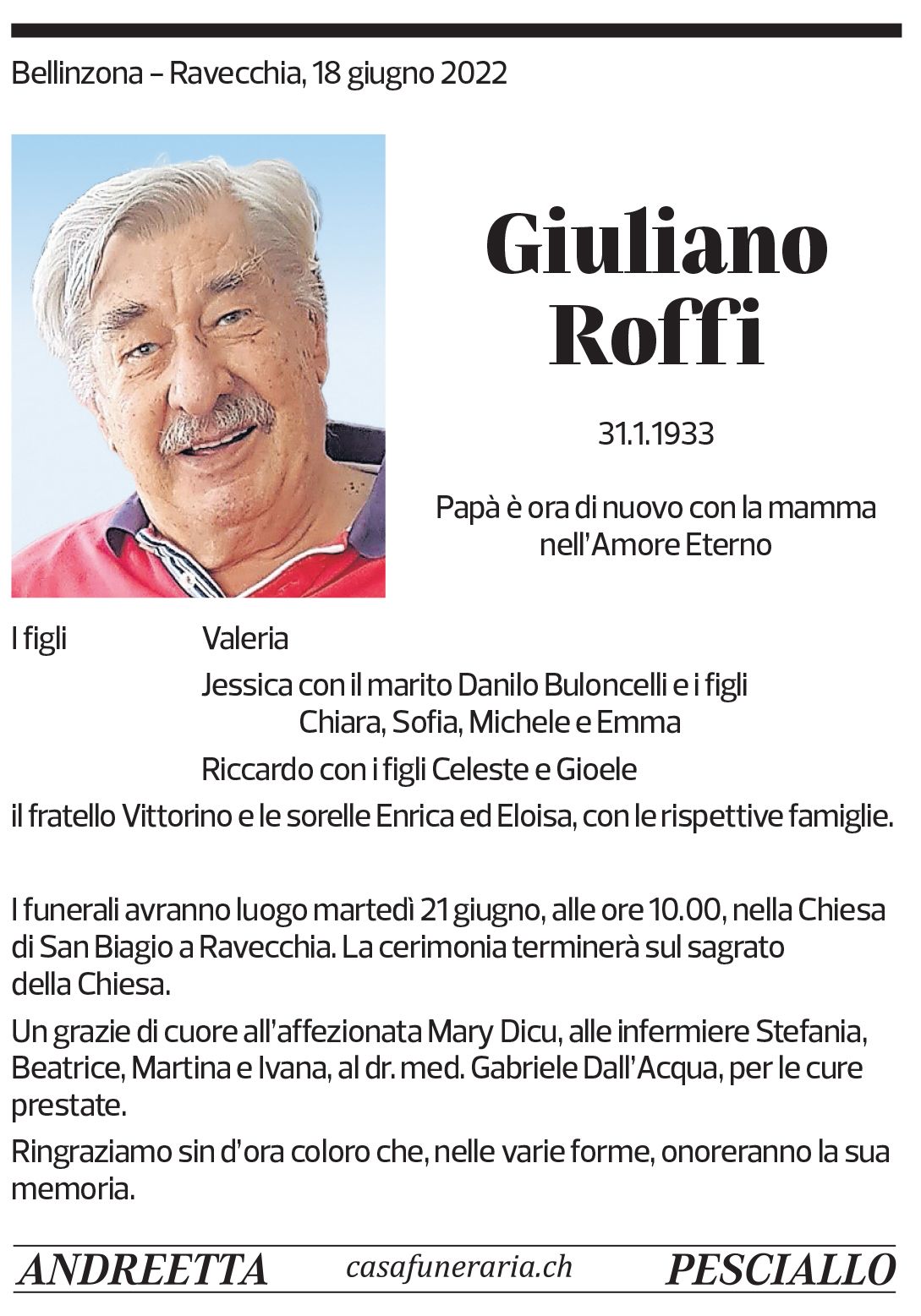 Annuncio funebre Giuliano Roffi