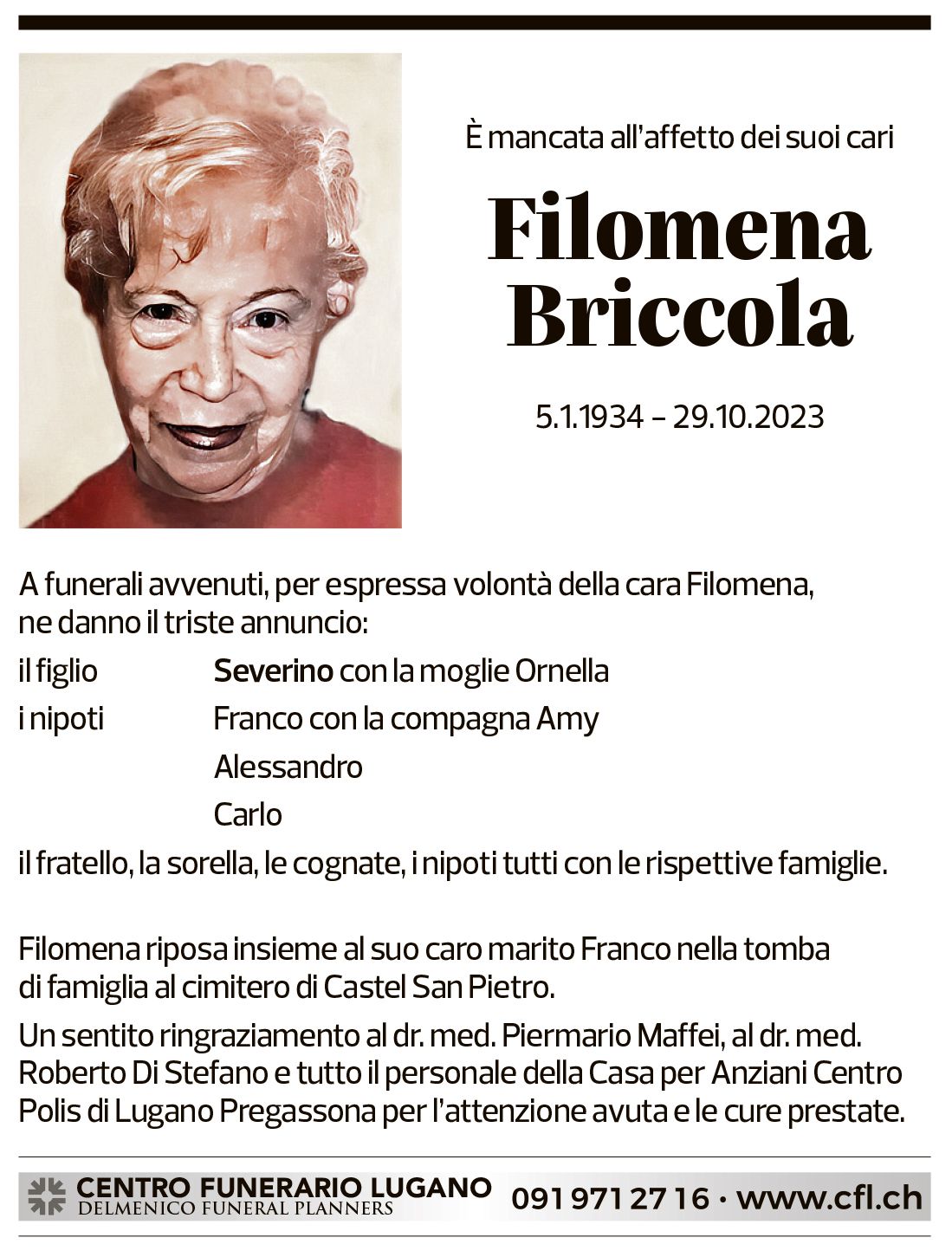 Annuncio funebre Filomena Briccola