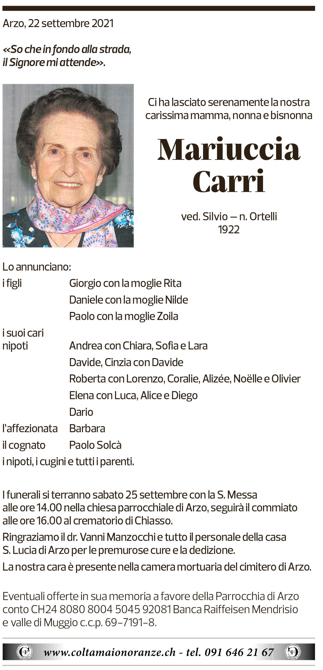 Annuncio funebre Mariuccia Carri