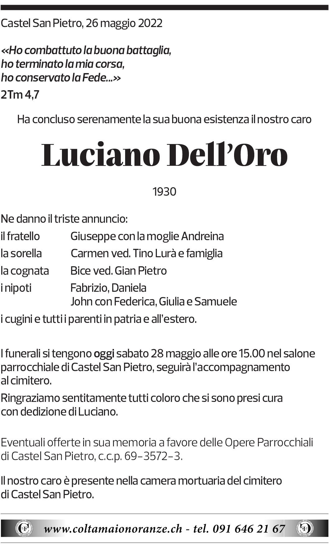 Annuncio funebre Luciano Dell'oro