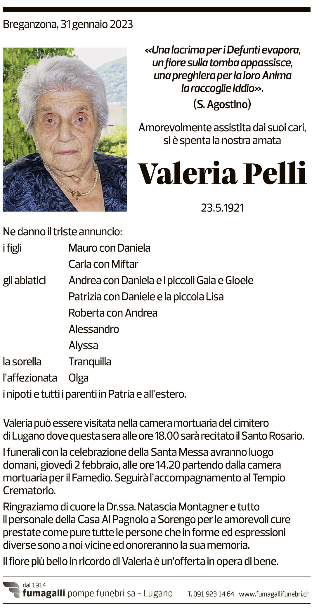 Annuncio funebre Valeria Pelli