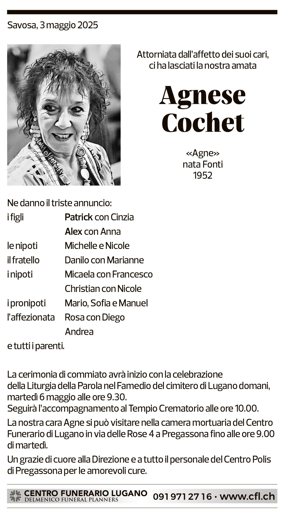 Annuncio funebre Agnese Cochet