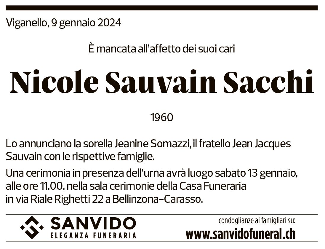 Annuncio funebre Nicole Sauvain Sacchi