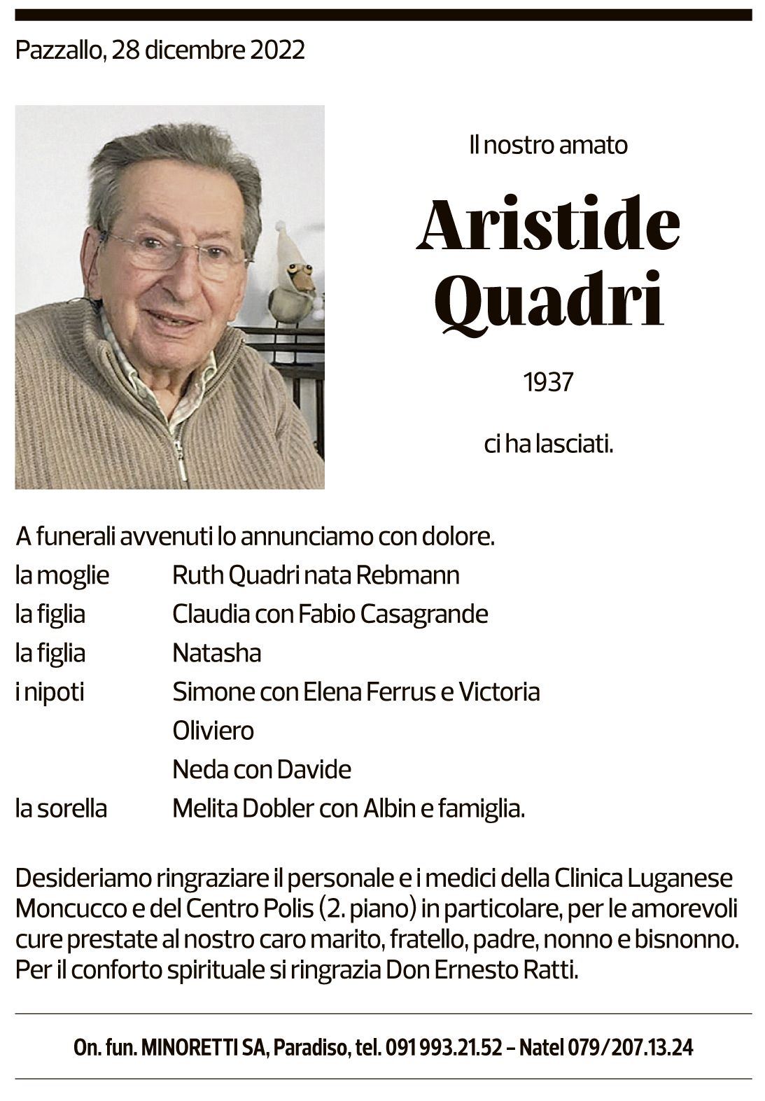 Annuncio funebre Aristide Quadri