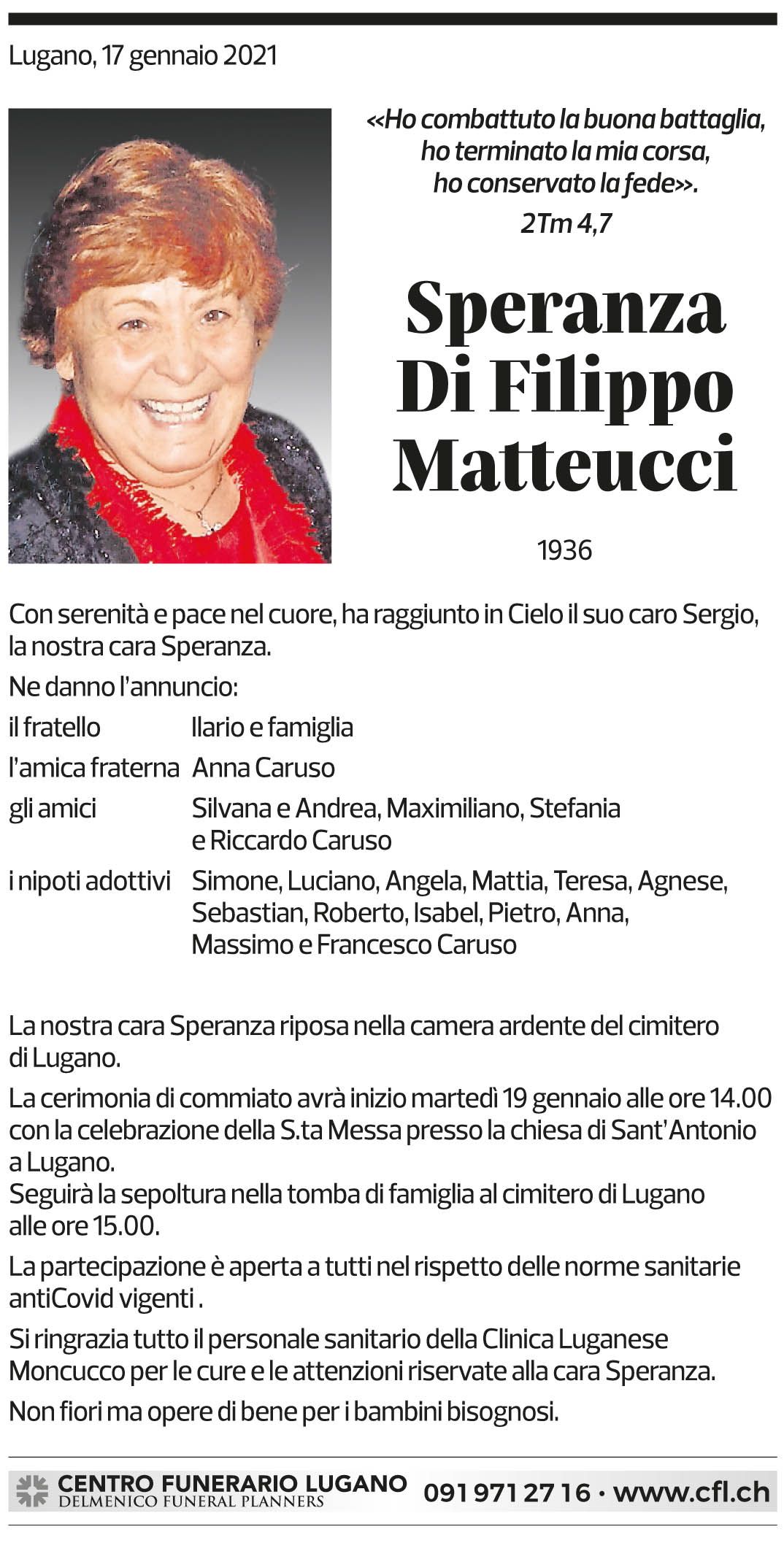 Annuncio funebre Speranza Di Filippo Matteucci