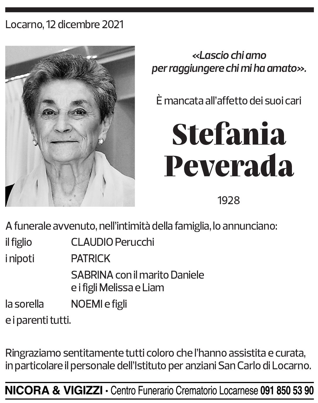 Annuncio funebre Stefania Peverada