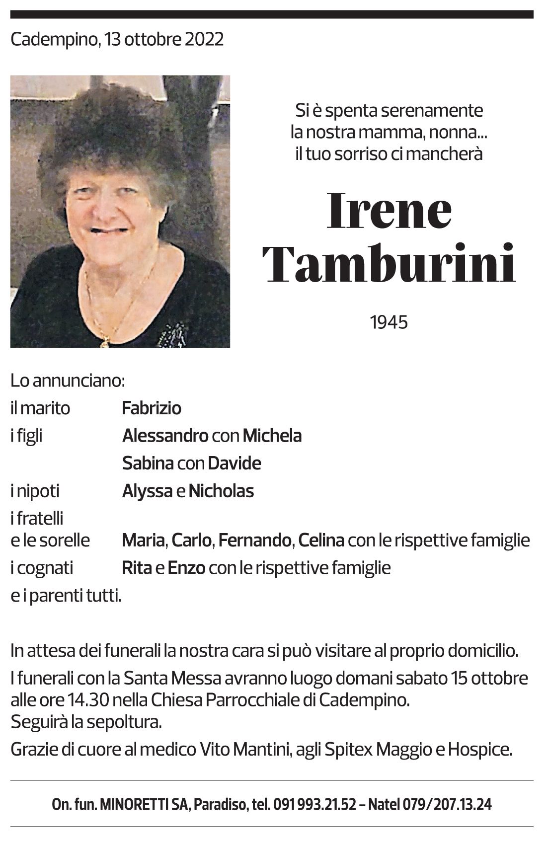 Annuncio funebre Irene Tamburini