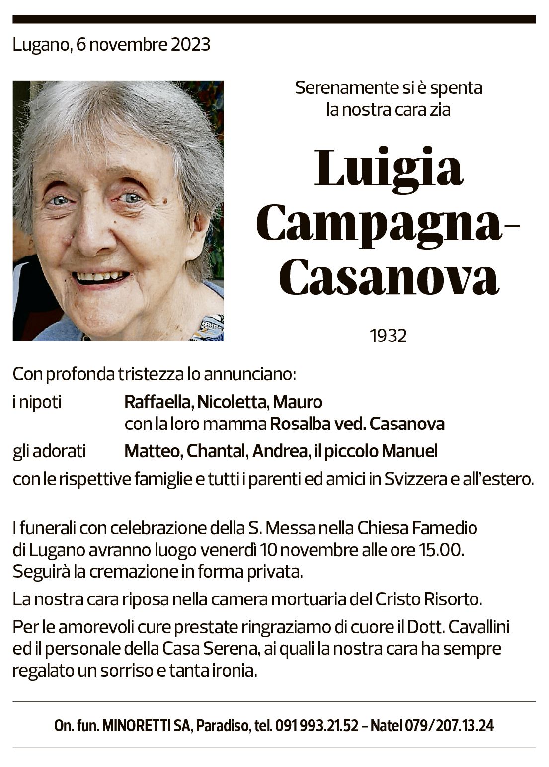 Annuncio funebre Luigia Campagna-casanova