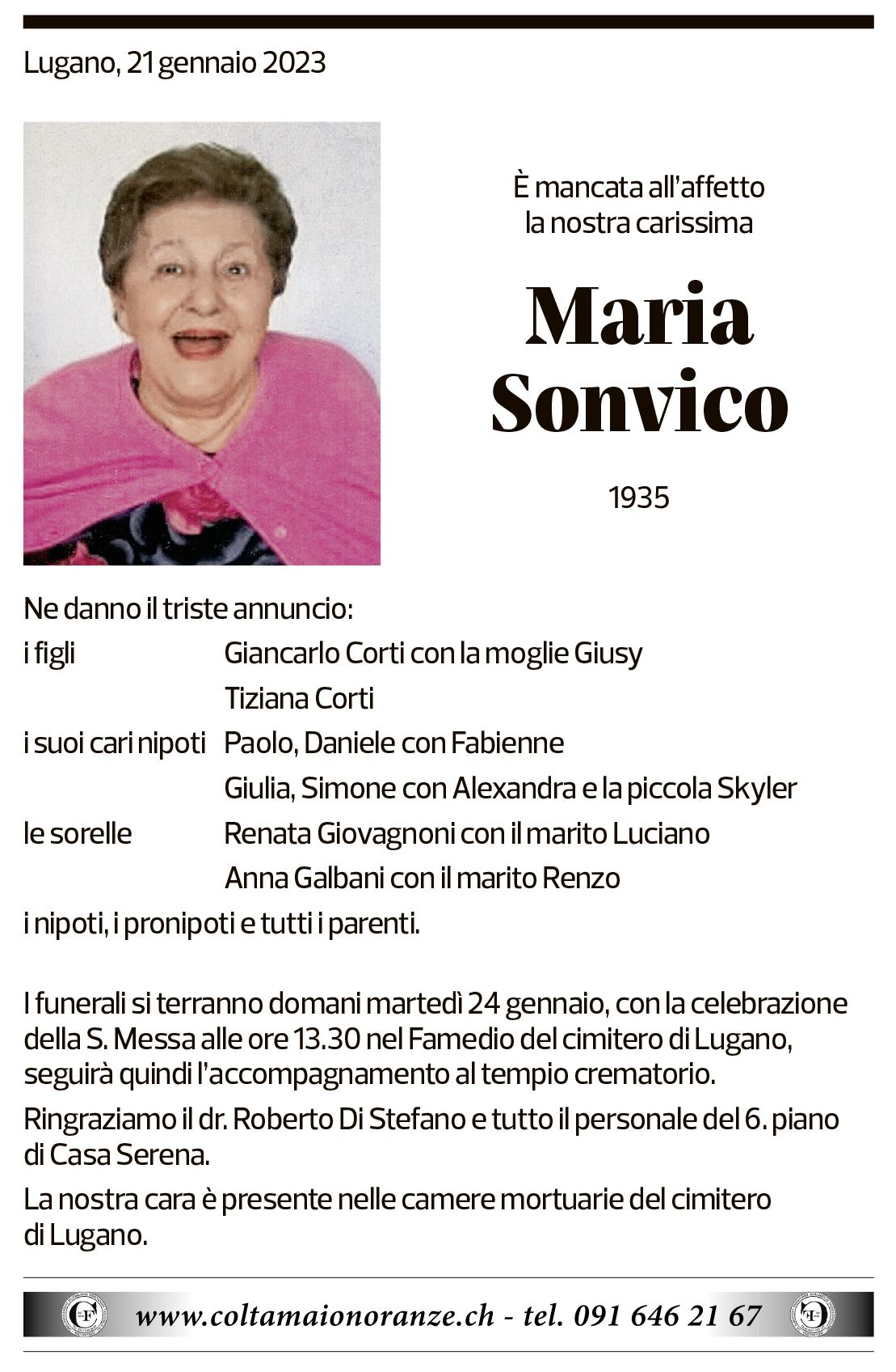 Annuncio funebre Maria Sonvico